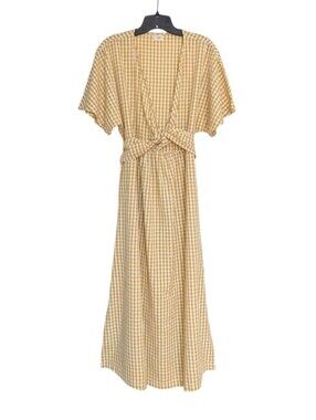 Opia Linen Gingham Midi Maxi Dress Yellow and White Short Sleeve Relaxed Small